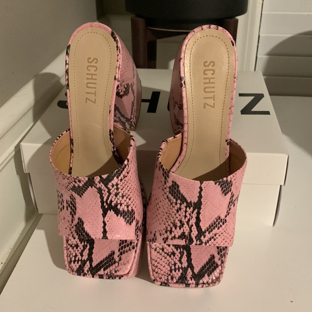 SCHUTZ Pink Snakeskin Platform Block Heel Sandals - Picture 12 of 13
